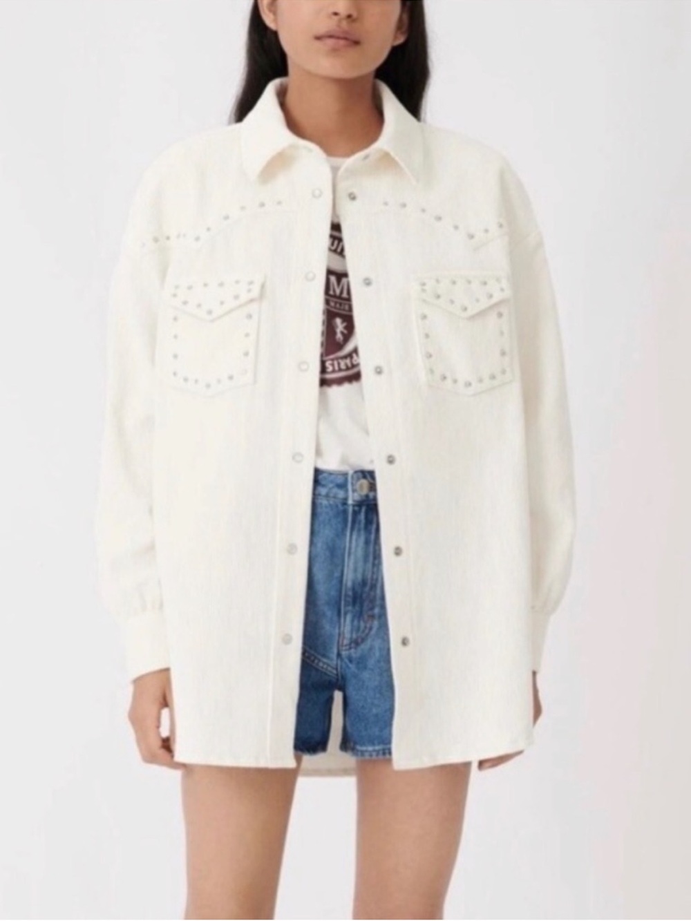 Maje Ciera Cord Shirt Studded Button-Up Shacket in Cream - S